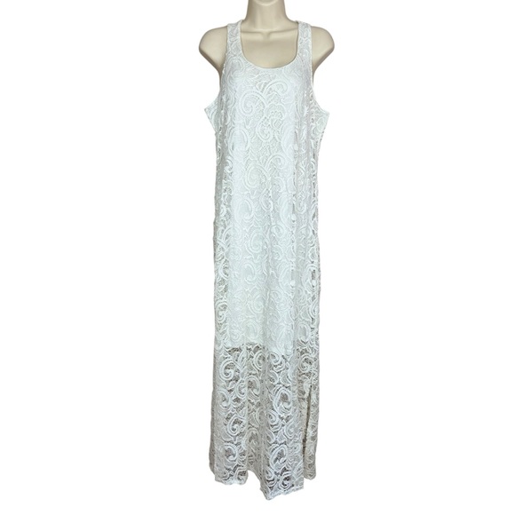 AGATE White Romantic Lace Overlay Tank Style 3/4 Lined Maxi Dress Women's Size L - Picture 1 of 15